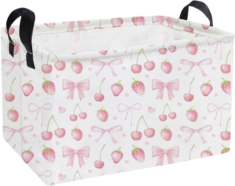 ESSME Rectangular Kids Baskets,Girls Storage Basket Pink Bins with Handles for Strawberry Room Decor, Cherry Storage Bin（Strawberry） - Image 1